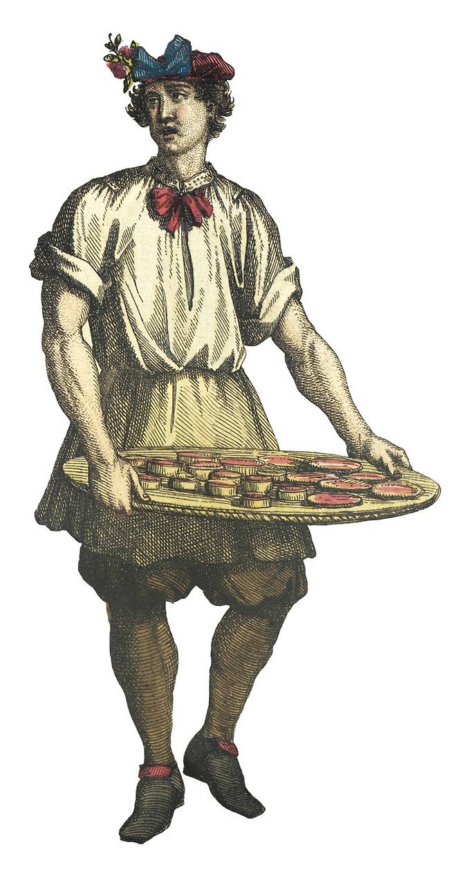 17세기 말~18세기 초 프랑스 파티시에(제과장인)를 묘사한 일러스트. 당초 과자는 1000년 동안 주로 교회와 수도원에서 만들어졌지만, 17세기 들어 귀족의 저택에 고용된 파티시에들도 과자를 만들기 시작했다. 프랑스대혁명 이후 일자리를 잃은 이들 파티시에들이 거리로 나와 제과점을 차리면서 외식과 과자점은 크게 유행했다.