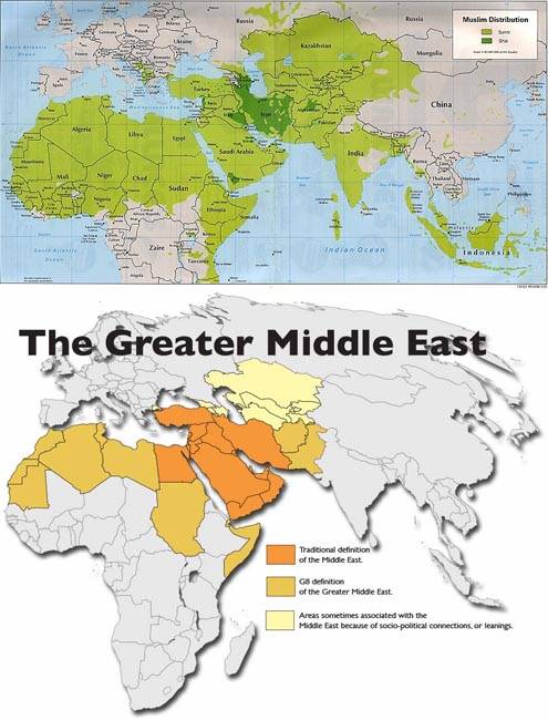 이슬람국가 분포도(위). 중동의 확대-전통적 중동(주황), 확장된 중동(갈색), 중동과 연계된 지역(귤색) [월드아틀라스]