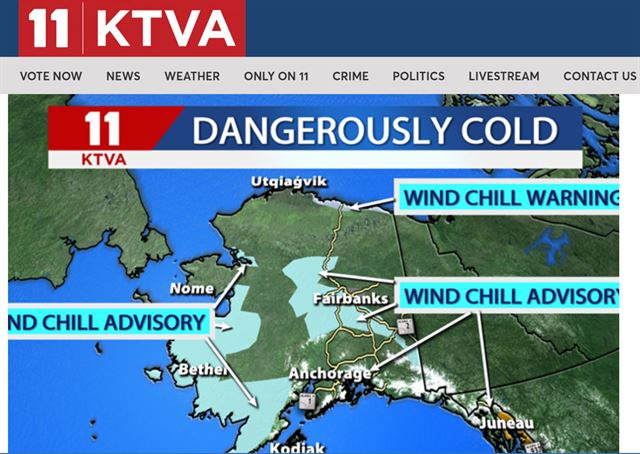 미국 알래스카주 지역 방송인 KTVA는 지난 8일 북극 지방을 도는 한냉 기류 ‘폴라 보텍스’가 움직일 기미를 보이지 않으면서, 북극 일대에 ‘위험할 정도로 추운’ 한파가 닥쳤다고 보도했다. KTVA 캡처