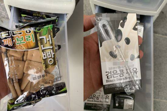 아파트에서 택배기사들에게 제공하는 건빵과 우유. 박요한씨 제공