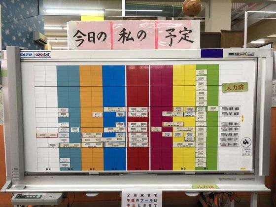 입구에 들어서면 볼 수 있는 스케줄표. 어르신들 스스로 하루를 어떻게 보낼지 정한다. ［사진 사이픽스］