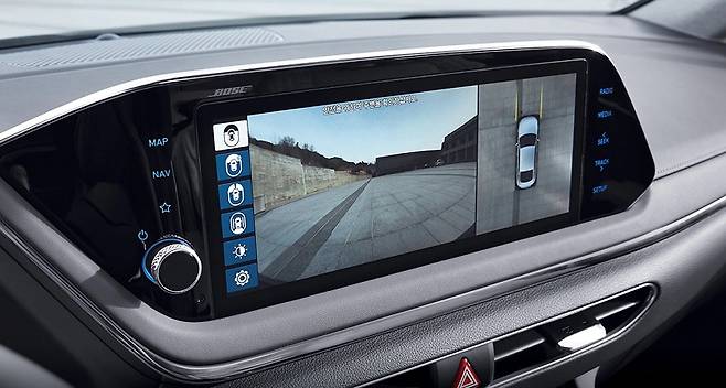 신형 어라운드뷰는 각 방향의 영상을 합성, 마치 하늘 위에서 차량을 보는 느낌을 준다 (출처=현대자동차)