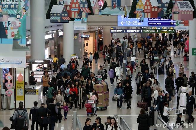 인천공항 개항 이후 18년만에 이용객 7천만명을 돌파한 가운데 9일 오후 인천국제공항에서 승객들이 면세구역을 지나고 있다. 인천공항공사에 따르면 지난 2019년 인천공항을 이용한 전체여객은 전년보다 약 4.3% 증가한 7천116만9천여명으로 집계됐다. 2020-01-09 / 사진=이기범 기자 leekb@