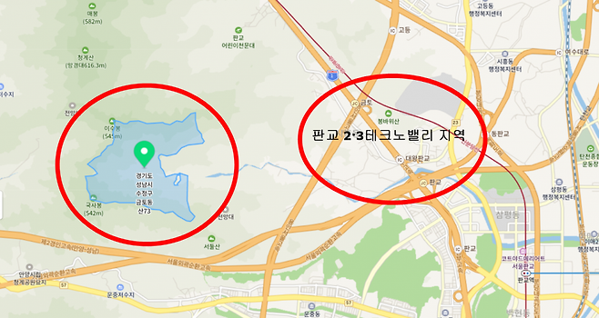 경기도 수정구 금토동 산73 지역 및 판교 제2제3 테크노밸리 지역 /사진=네이버 지도