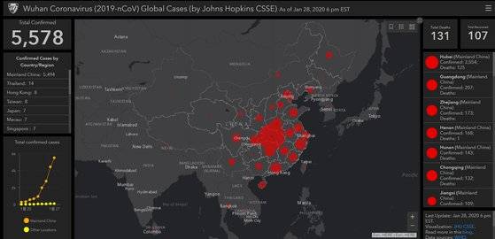 신종 코로나 바이러스 맵[미국 존스홉킨스 대학 CEES팀이 만든 신종 코로나바이러스 지도 웹사이트 캡처]
