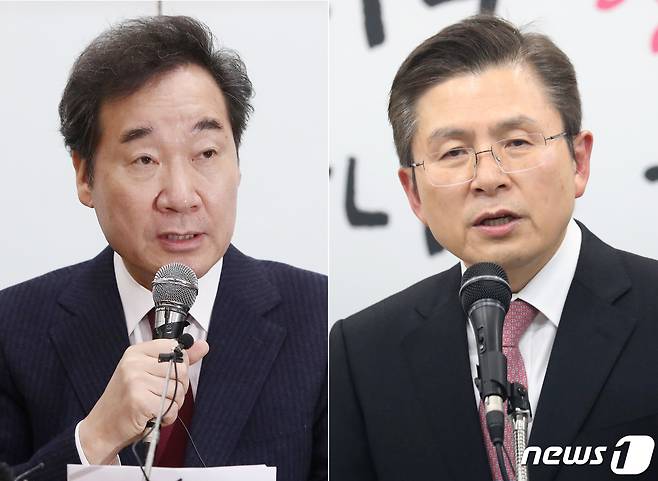 황교안 자유한국당 대표가 7일 서울 영등포의 한국당 중앙당사에서 4·15 총선 서울 종로 출마를 공식 선언했다(오른쪽). 왼쪽은 지난달 23일 서울 종로에 더불어민주당 후보 출마 입장을 밝힌 이낙연 전 국무총리. 황 대표의 종로 출마로 이번 종로구 총선은 전직 총리 출신의 빅매치이자, 차기 대선의 전초전으로 치뤄질 전망이다. 차기 대권주자 선호도 1위인 이 전 총리에 이어 황 대표는 선호도 2위를 달리고 있다. 2020.2.7/뉴스1 © News1 김명섭 기자,임세영 기자