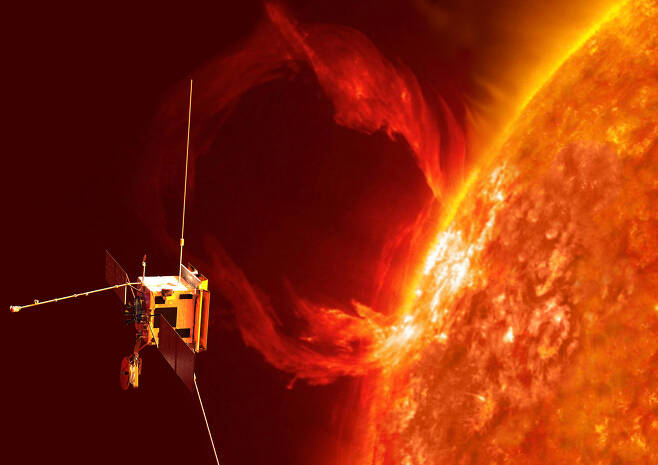 역사상 최초로 태양 극지를 탐사하는 솔라 오비터 상상도. 사진=  ESA/ATG medialab; Sun: NASA/SDO/P. Testa (CfA)