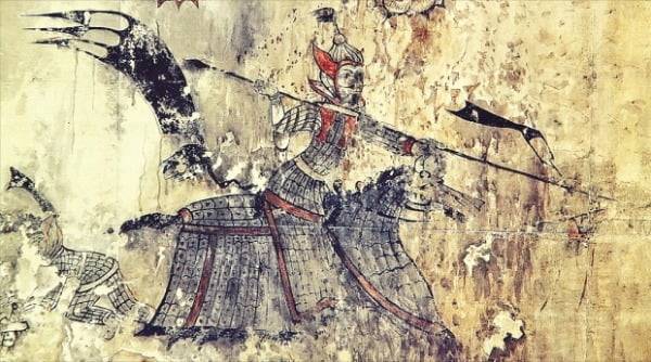 중국 지안 통구 12호분에서 발견된 개마무사 그림. 갑옷을 두른 말을 탄 무사가 장창을 들고 있다.