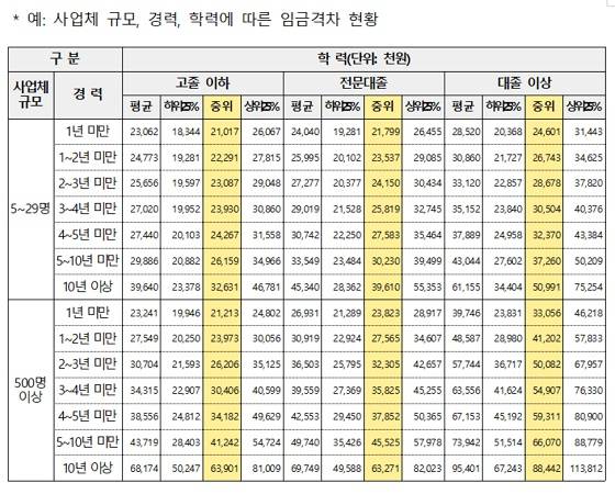 사업체 규모·경력·학력에 따른 임금격차 현황/자료=고용노동부
