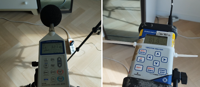 소음 측정기(왼쪽)과 진동 측정기(오른쪽)