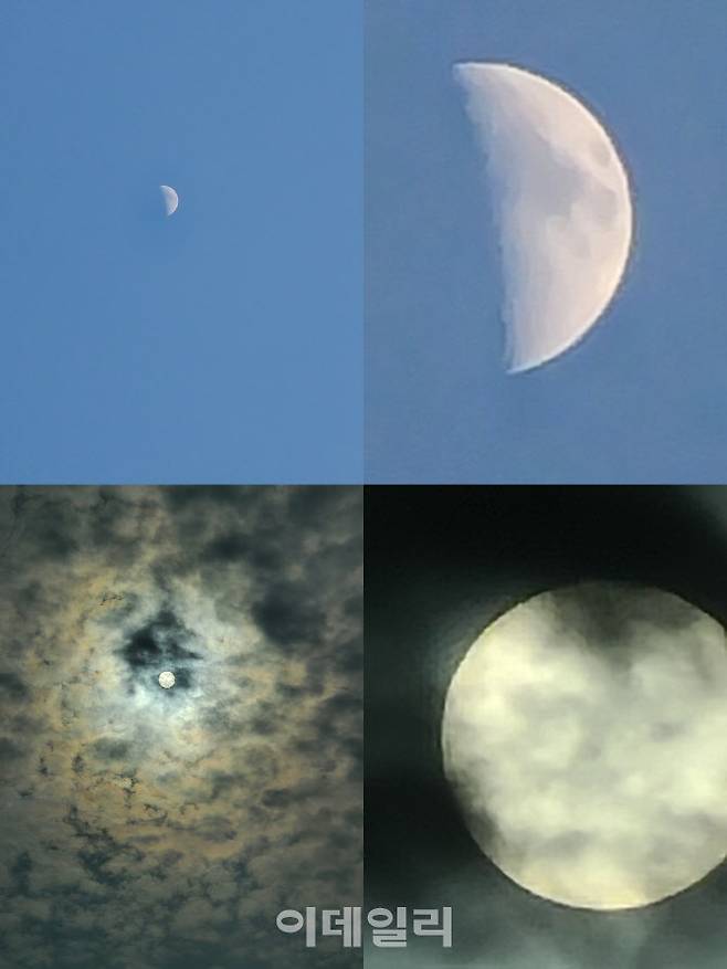 눈으로 볼때 점과 같던 달(위)과 해(아래)가 100로 당기니 눈앞으로 확 다가오는 경험을 할 수 있었다. 달 표면은 물론 해 위로 지나가는 구름의 모습까지 확인할 수 있다. (사진= 장영은 기자)
