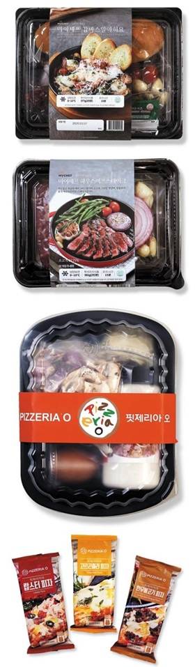 ‘마이셰프’ 감바스알아히요와 하우스비프스테이크 밀키트, ‘핏제리아오’ 카르보나라 파스타 밀키트와 랍스터·한우불고기·고르곤졸라 냉동 피자(위에서부터). /양수열 영상미디어 기자