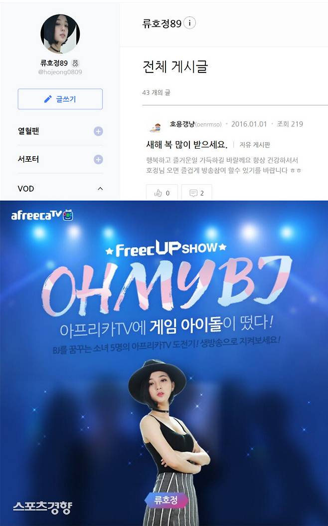 현재에도 남아 있는 류호정 후보의 아프리카TV 채널(위)과 아프리카TV 모델 당시 모습.