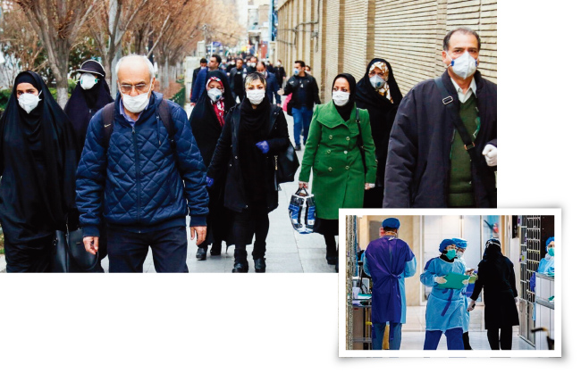 이란 수도 테헤란 시민들이 마스크를 쓴 채 거리를 거닐고 있다(위). 이란 의료진이 테헤란 한 병원에서 환자들의 검사 결과를 보고 있다. [ISNA]