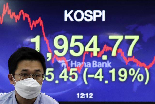 코스피가 전 거래일보다 85.45포인트(4.19%) 내린 1,954.77로 마감한 9일 오후 서울 명동 하나은행 딜링룸에서 직원이 업무를 보고 있다. 이날 외국인은 1조3,000억원 이상의 주식을 팔아 치우며 코스피 하락을 주도했다. 연합뉴스