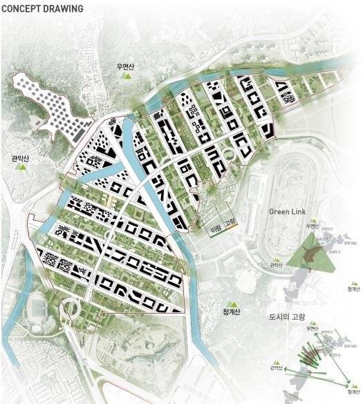 과천과천지구 도시건축통합 마스터플랜 설계 공모 최우수작으로 선정된 시아플랜건축사사무소 컨소시엄의 ’이랑과 고랑‘ 콘셉트. LH 제공