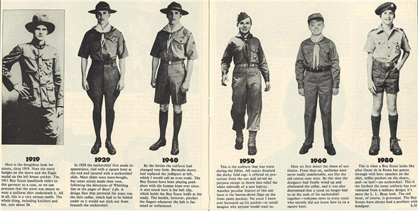 보이 스카웃의 복장 변화. 제2차 세계대전 이전(좌측에서 세 번째), 이후(좌측에서 네 번째)를 비교하면 상당한 차이가 있다. /출처= ⓒreedsms.com/boy-scouts