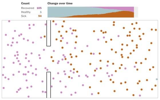 지역적 봉쇄 조치를 할 경우 격리 구역 내 전원이 감염되고, 이 중 한 명이라도 격리 구역을 벗어나면 청정 구역 역시 걷잡을 수 없이 확산 된다. 이 사진은 시뮬레이션이 끝나기 직전 상황을 캡처한 것인데, 봉쇄를 하지 않았을 때와 마찬가지로 거의 모든 공이 감염되거나 회복된 상황임을 알 수 있다.[워싱턴포스트 홈페이지]