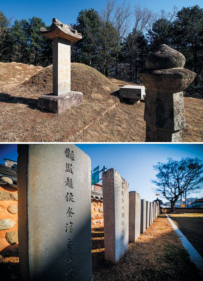 강원도 춘천에 있는 이서구 무덤(위 사진). 왼쪽에 보이는 비석은 생전에 "좋은 세상 올 때까지 땅에 묻어놓으라"고 했다는 비석이다. 땅 속에 파묻혀 있던 비석은 이서구 사후 150년 만인 1975년에 발견됐다. 아래는 정읍 피향정에 있는 '현감 조규순 영세불망비'. 고부군수 조병갑이 만든, 동학혁명을 촉발시킨 비석이다. 이 비석 반대편에는 전설 속에서 동학혁명을 예언한 관찰사 이서구 영세불망비가 서 있다.