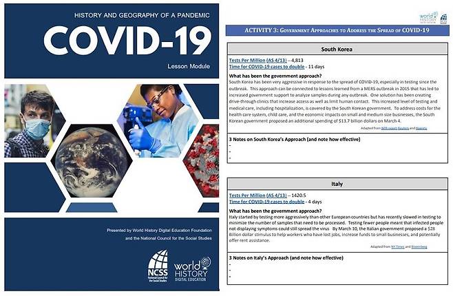 미국 일선 사회·역사 교사들에 배포된 '코로나19 수업자료집' [세계역사 디지털 교육재단 제공]