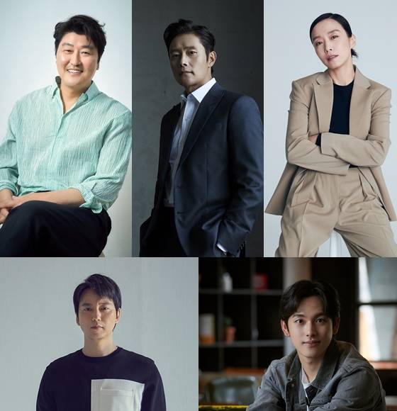 송강호와 이병헌, 전도연, 임시완, 김남길(왼쪽 상단부터 시계방향으로) 등 한재림 감독의 '비상선언'에 출연하는 배우들.