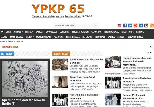 1965년 인도네시아 대학살 당시 참상을 기록하고 진상 규명 및 인도네시아 정부의 공식 사과를 촉구하는 1965대학살연구소 홈페이지. 홈페이지 캡처