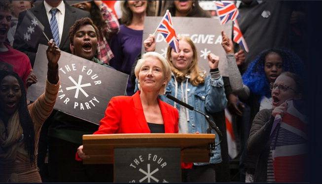 연기파 배우 에마 톰슨(사진 왼쪽 가운데)이 정치인 비비언 룩 역을 맡아 가까운 미래의 디스토피아를 실감나게 그려내는 데에 일조한다.  BBC 홈페이지