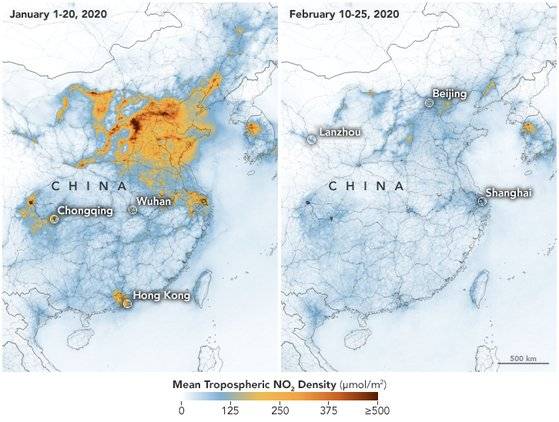 미 항공우주국(NASA)에서 분석한 중국의 이산화질소 오염도. 왼쪽은 지난 1월 1~20일. 오른쪽은 2월10~25일 오염도를 분석한 것인데, 일부 대도시를 제외하고는 대기오염이 크게 줄어든 것을 볼 수 있다. 사진 NASA