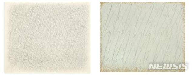 [서울=뉴시스] 박서보 묘법(연필) 20호 중 2010년 최고가.(사진 왼쪽) 박서보, 묘법 4-76, 1976, 캔버스에 유채, 연필, 60.6×72.7cm, 낙찰가 1700만원, K옥션 2010.07.21. 2018 최고가, 묘법 No.65-81, 1981, 마포에 유채, 연필,60.6×72.7cm, 낙찰가: 2억원, K옥션 온라인 2018.08.29. 사진=(사)한국미술시가감정협회 제공. 2020.4.20 photo@newsis.com