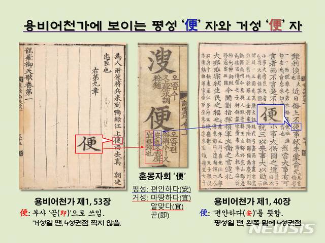 [서울=뉴시스] 훈민정음 해례본(1446) 작업에 참여한 8학자들은 모두 용비어천가(1447) 작업에도 참여했다. ‘便’자의 경우 거성일 땐 4성 권점을 찍지 않고, 평성일 땐 글자 왼쪽 밑에 권점을 찍어 평성임을 표시했다.
