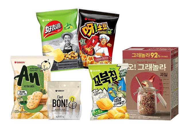오리온 제품 이미지. 특히 베트남에서 출시한 쌀과자 ‘안(An·왼쪽 아래)’은 월 매출 16억 원을 넘어서는 등 베트남 쌀과자 시장 점유율 약 12%를 차지해 화제에 올랐다.