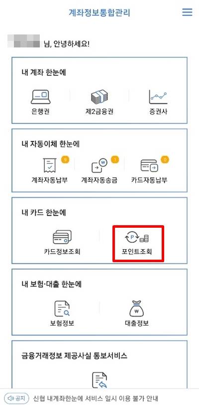 계좌정보 통합관리서비스인 ‘어카운트인포’ 에서 신용카드 포인트를 조회할 수 있다. 빨간 직사각형으로 표시된 부분을 누르면 쉽게 확인이 가능하다. 어카운트인포 앱 화면 캡처
