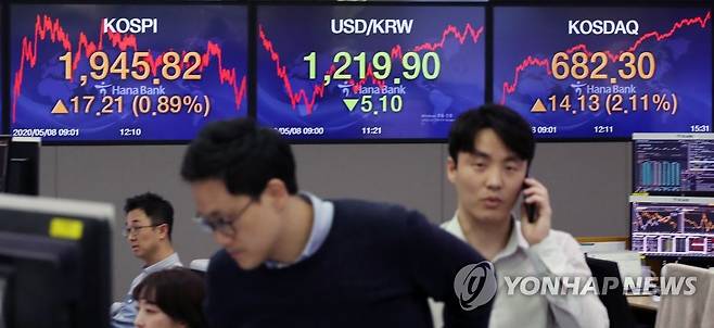 코스피 (서울=연합뉴스) 8일 서울 중구 하나은행 본점 딜링룸. 2020.5.8[연합뉴스 자료사진]