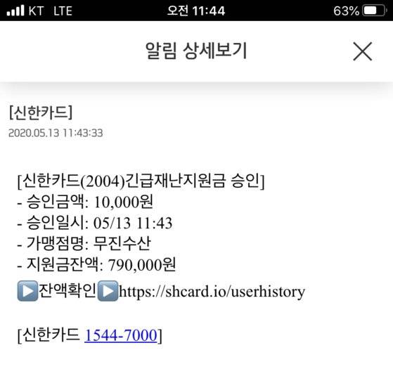 긴급재난지원금을 사용하면 신용카드사는 본인에게 즉시 알림 메시지를 전송한다. 사진은 한 소비자가 시장에서 재난지원금을 사용하자마자 받은 메시지. 문희철 기자