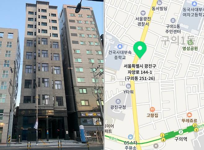 서울 광진구에 위치한 '기숙사형 청년주택'(사진 왼쪽 가운데)과 입지도.© 뉴스1