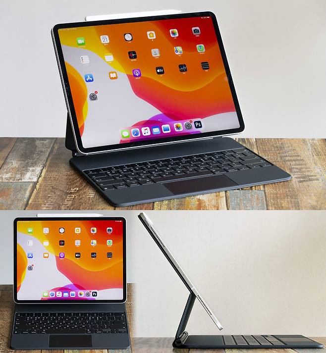 애플 아이패드 프로 4세대, 매직 키보드에 연결된 상태로 키보드는 포함되지 않는다. 출처=IT동아
