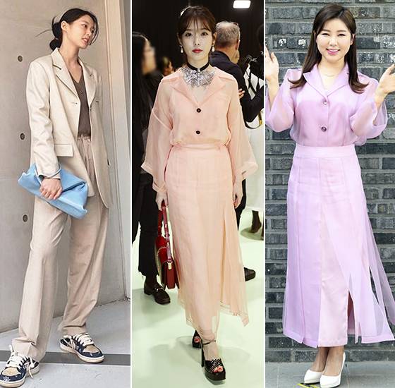 톤온톤 슈트 스타일링을 선보인 그룹 AOA 설현과 원 컬러 스타일링을 완성한 가수 아이유, 송가인./사진=설현 인스타그램, 구찌, 머니투데이 DB