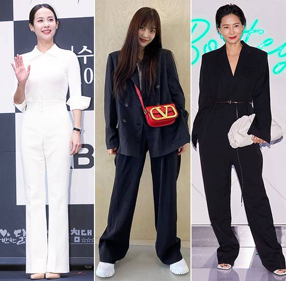 바짓단으로 신발 굽을 가려 입어 다리를 길어보이도록 연출한 배우 조여정, 방송인 김나영, 그룹 레드벨벳 조이./사진=머니투데이 DB, 보테가 베네타, 조이 인스타그램