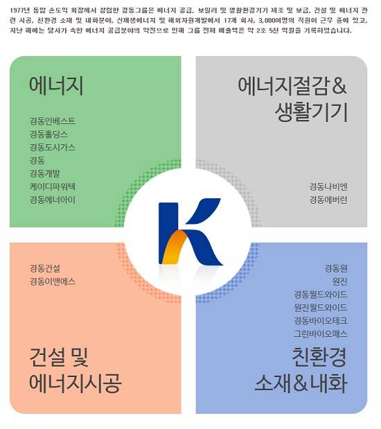 손원락 부회장의 경동그룹은 경동나비엔, 경동도시가스, 경동개발, 경동건설 등 에너지·건설·친환경소재·생활기기 등 사업을 다루는 중견기업으로 알려져 있다. /경동그룹 홈페이지 갈무리