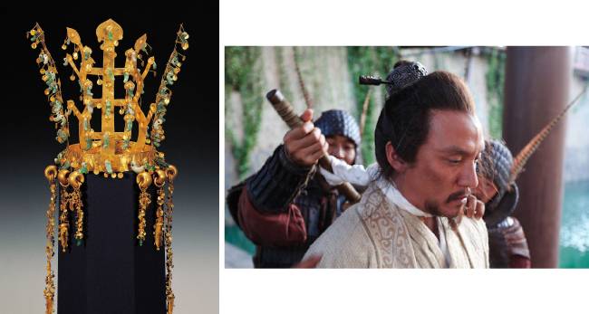 사슴뿔 형태를 띠고 있는 신라 금관(왼쪽)과 영화 ‘초한지’에서 토사구팽당하는 한신의 모습. [국립중앙박물관, Stellar Megamedia 배급사]