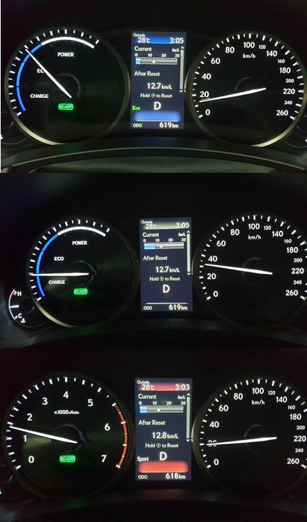 NX300h 주행모드별 계기판 모습.위부터 에코, 노멀 스포츠 모드ⓒ데일리안 조인영 기자