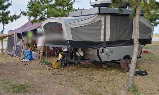 지난 13일 오후 강원도 고성군 한 해변 인근 소나무 숲 캠핑장에는 대형 텐티 및 캠핑카가 주차 돼 있다. 