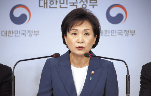 김현미 국토교통부 장관이 17일 정부서울청사 브리핑실에서 주택시장 안정을 위한 관리방안을 발표하고 있다. [연합]