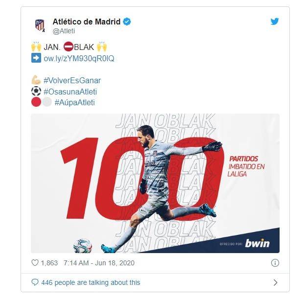 얀 오블라크의 라리가 100경기 무실점 달성 소식을 전한 아틀레티코 마드리드. [아틀레티코 마드리드 구단 트위터. 재판매 및 DB 금지]
