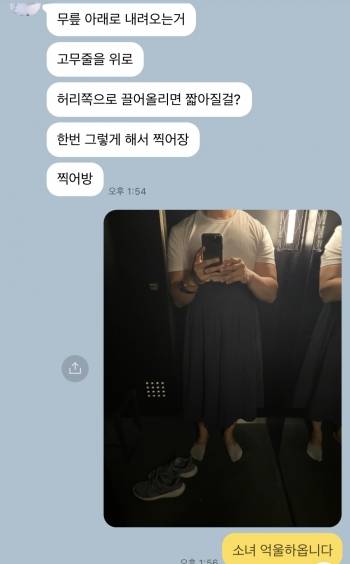 아내에게 치마 입은 모습을 보여줬더니 매우 웃었다./사진=남형도 기자 카톡