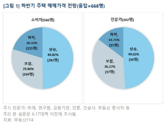 부동산114가 6·17 대책 직전 부동산 전문가와 일반 시민을 대상으로 설문조사한 하반기 집값 전망 그래프.<부동산114 제공>