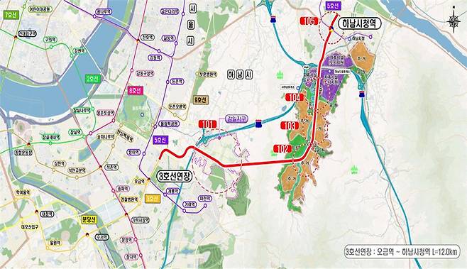 송파~하남 간 도시철도 3호선 중전철 노선도 [국토교통부 제공]