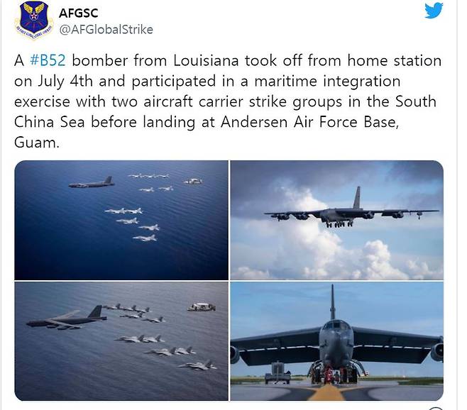 ‘하늘의 요새’ B-52H가 미국 본토에서 28시간을 비행해 남중국해 운련에 합류했다고 날리는 미공군 트위터.