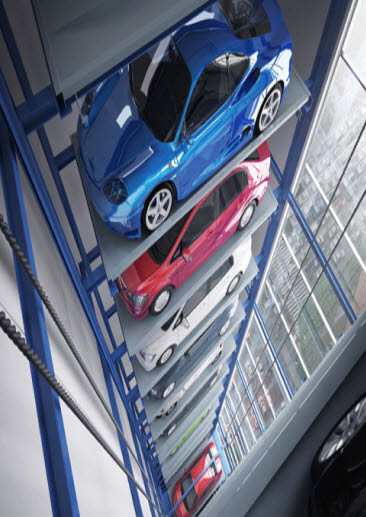 AJ오토파킹시스템즈 승강기식 주차타워. 국내 기준으로 최대 80대 주차가 가능한 주차타워를 제공한다.
