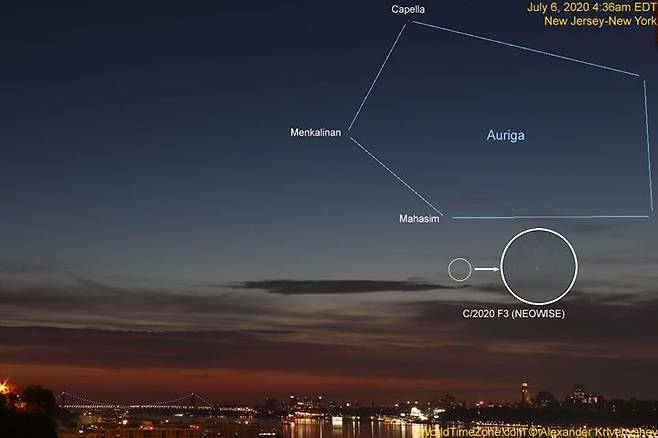 9일 미국 뉴욕 하늘 마차부자리 아래에 나타난 네오와이즈 혜성